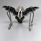 Gothic Horned Double Band Statement Ring, Feather Texture, White Crystal Ornament, Dangle Chain & Bead Details, Dark Occult Adjustable Ring