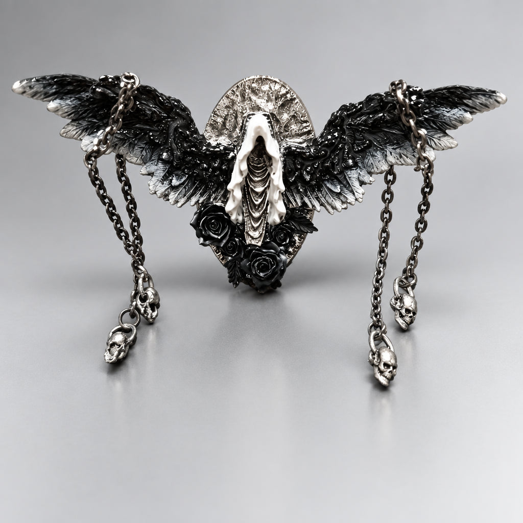 Gothic Horned Double Band Statement Ring, Feather Texture, White Crystal Ornament, Dangle Chain & Bead Details, Dark Occult Adjustable Ring