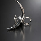 Gothic Horned Double Band Statement Ring, Feather Texture, White Crystal Ornament, Dangle Chain & Bead Details, Dark Occult Adjustable Ring