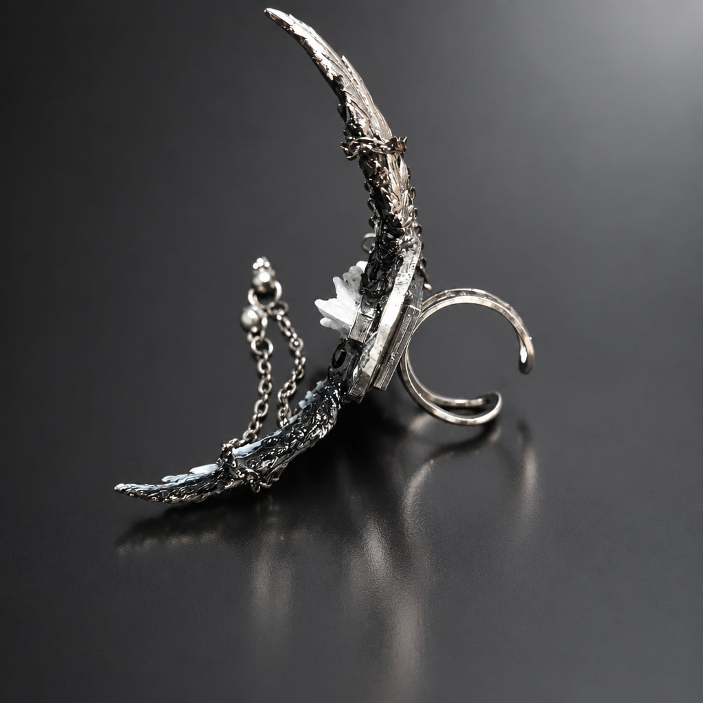 Gothic Horned Double Band Statement Ring, Feather Texture, White Crystal Ornament, Dangle Chain & Bead Details, Dark Occult Adjustable Ring