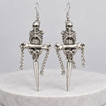 Gothic Skeleton Dangle Earrings, Skull & Ribcage Design, Cross Bone, Spiked Pendant with Hanging Chains, Punk Macabre Statement Earrings