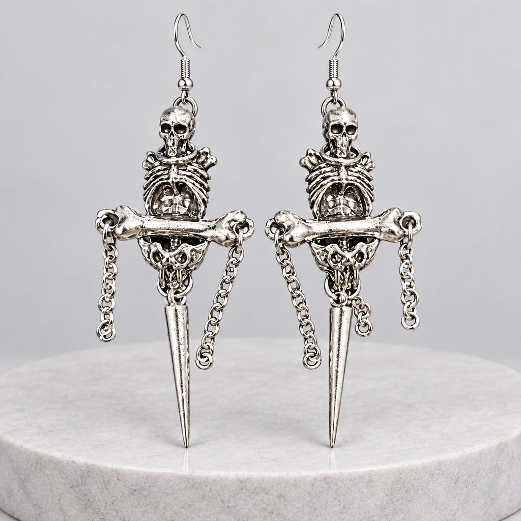 Gothic Skeleton Dangle Earrings, Skull & Ribcage Design, Cross Bone, Spiked Pendant with Hanging Chains, Punk Macabre Statement Earrings