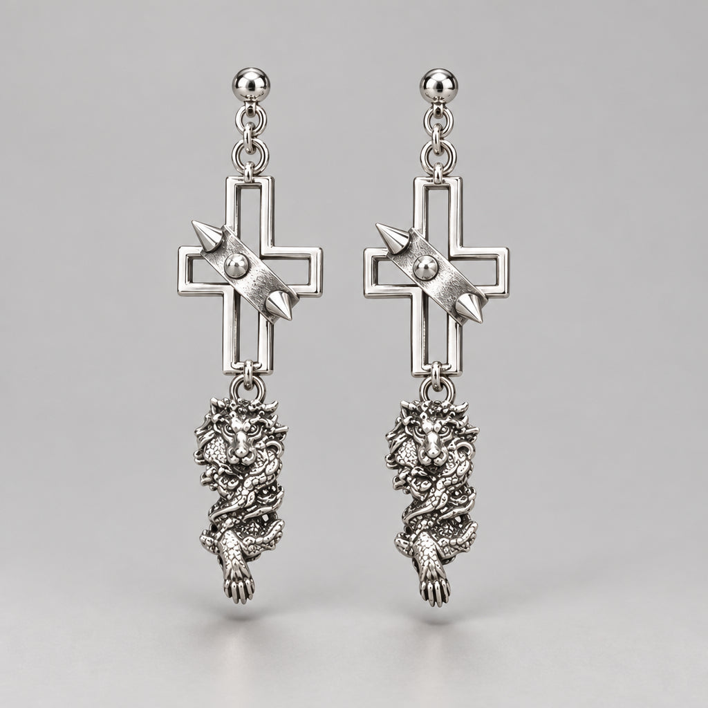 Gothic Inverted Cross Dangle Earrings, Spiked Metal Strap, Vintage Dragon Carving Pendant, Punk Dark Alternative Statement Earrings