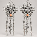 Gothic Barbed Heart Baphomet Ram Skull Dangle Earrings, Pink Rose, Snake Wrapped Sword & Cross Dagger Tassel Chains, Occult Punk Statement Earrings