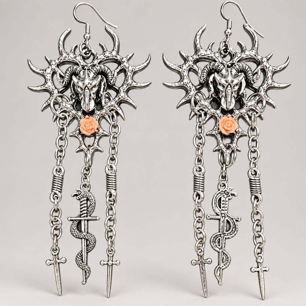 Gothic Barbed Heart Baphomet Ram Skull Dangle Earrings, Pink Rose, Snake Wrapped Sword & Cross Dagger Tassel Chains, Occult Punk Statement Earrings