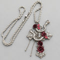Gothic Silver Cross Statement Necklace, Coiled Snake & Burgundy Red Roses, Central Faceted Crystal, Dark Baroque Ornate Pendant, Twisted Rope Chain