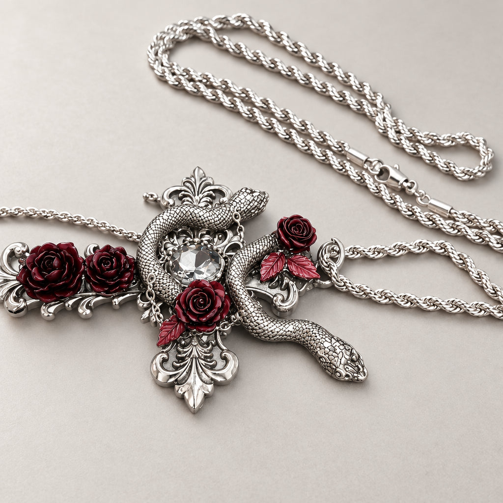 Gothic Silver Cross Statement Necklace, Coiled Snake & Burgundy Red Roses, Central Faceted Crystal, Dark Baroque Ornate Pendant, Twisted Rope Chain