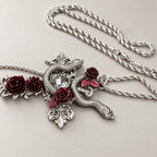 Gothic Silver Cross Statement Necklace, Coiled Snake & Burgundy Red Roses, Central Faceted Crystal, Dark Baroque Ornate Pendant, Twisted Rope Chain