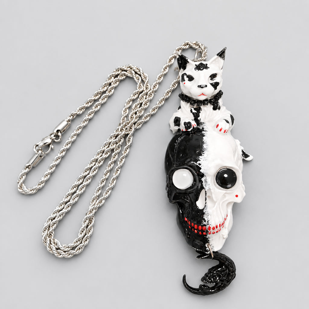 Gothic Black White Split Skull Pendant Necklace, Spotted Cat on Bicolor Skull, Red Teeth & Claw Details, Dark Macabre Horror Statement Necklace
