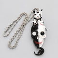 Gothic Black White Split Skull Pendant Necklace, Spotted Cat on Bicolor Skull, Red Teeth & Claw Details, Dark Macabre Horror Statement Necklace