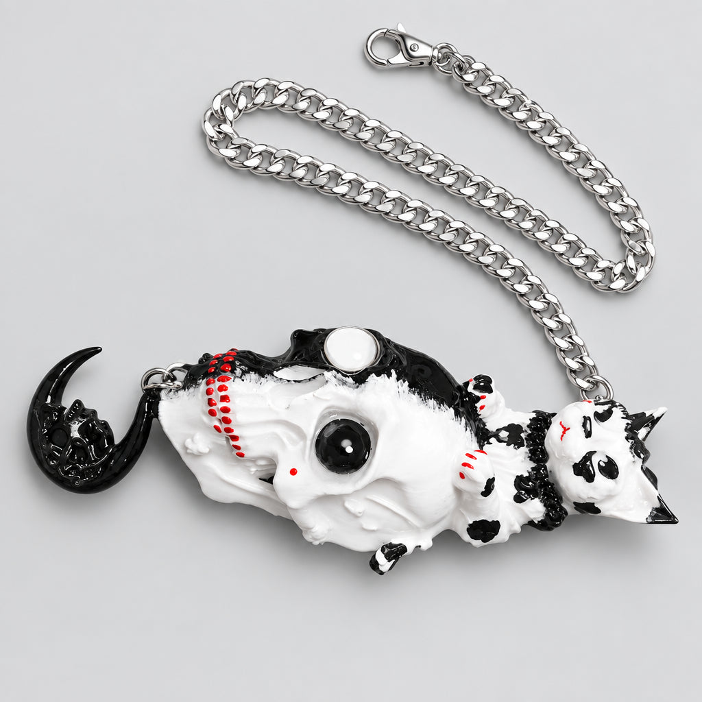 Gothic Black White Split Skull Pendant Necklace, Spotted Cat on Bicolor Skull, Red Teeth & Claw Details, Dark Macabre Horror Statement Necklace