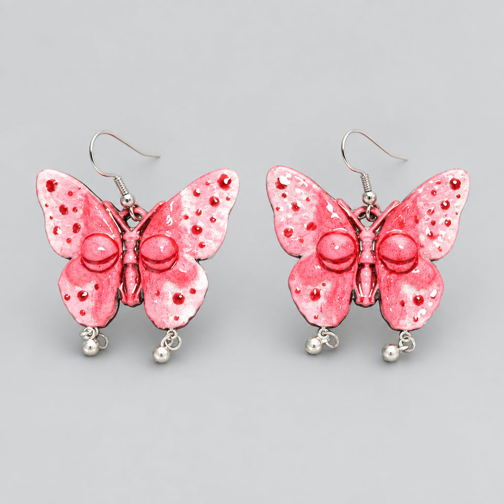 Gothic Bloody Pink Butterfly Dangle Earrings, Eyeball Butterfly Wings, Blood Splatter Texture, Macabre Horror Statement Earrings