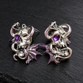 Gothic Horned Skull Dangle Earrings, Purple Gem Eyes, Coiling Snakes & Purple Dragon Wings, Dark Occult Horror Statement Earrings