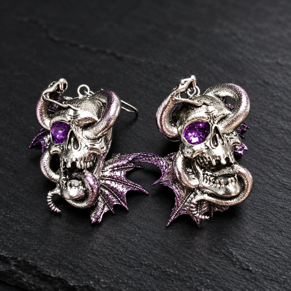 Gothic Horned Skull Dangle Earrings, Purple Gem Eyes, Coiling Snakes & Purple Dragon Wings, Dark Occult Horror Statement Earrings