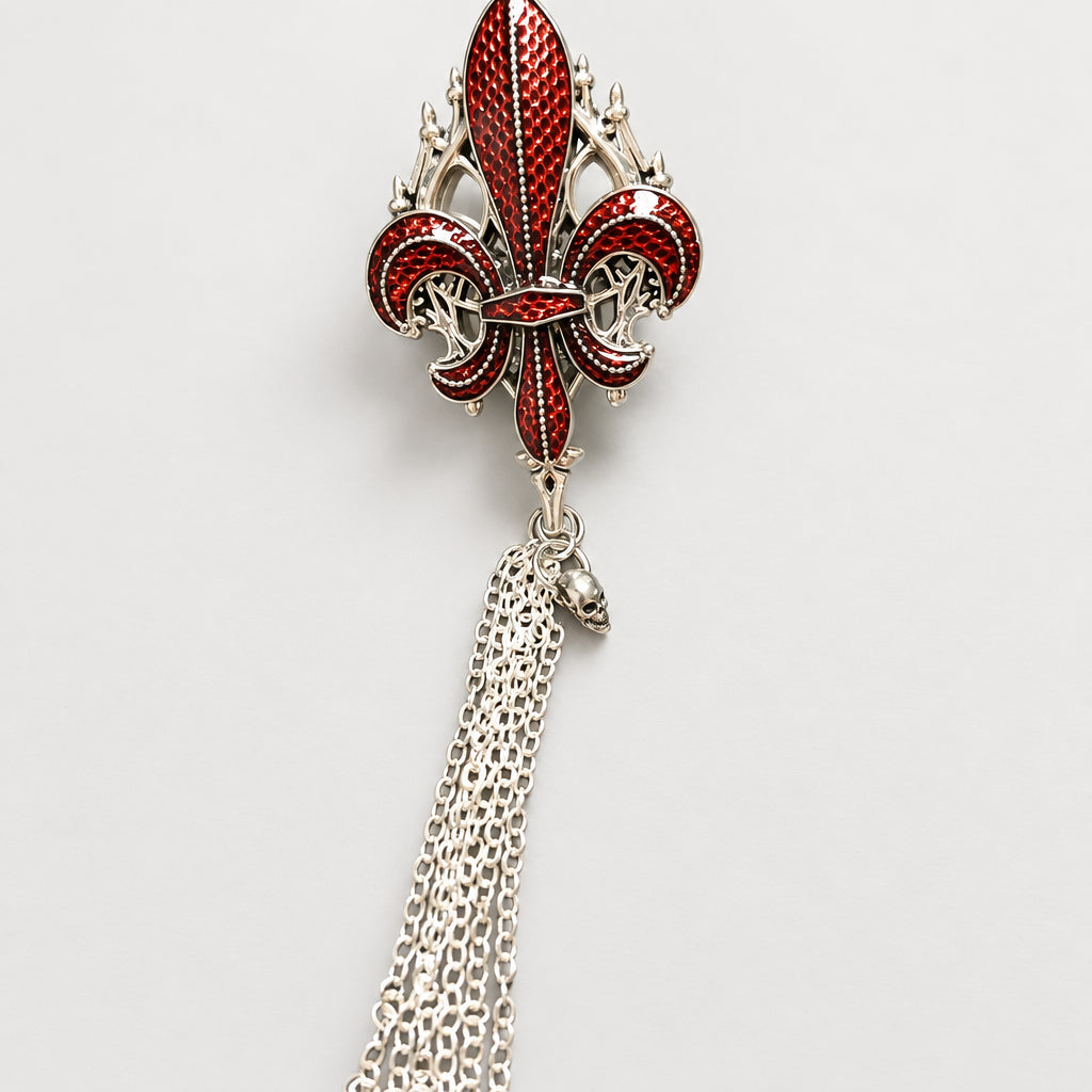 Gothic Fleur-de-lis Statement Ring, Red Enamel Fleur De Lis, Gothic Cathedral Frame, Skull Charm Multi-Silver Tassel Chain, Dark Baroque Adjustable Ring