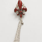 Gothic Fleur-de-lis Statement Ring, Red Enamel Fleur De Lis, Gothic Cathedral Frame, Skull Charm Multi-Silver Tassel Chain, Dark Baroque Adjustable Ring