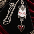 Gothic Doll Head Pendant Necklace, Bloody Bandage Blindfold, Gothic Cathedral Frame, Red Heart with Cross & Thorns, Macabre Dark Statement Necklace