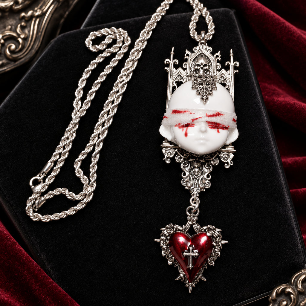 Gothic Doll Head Pendant Necklace, Bloody Bandage Blindfold, Gothic Cathedral Frame, Red Heart with Cross & Thorns, Macabre Dark Statement Necklace