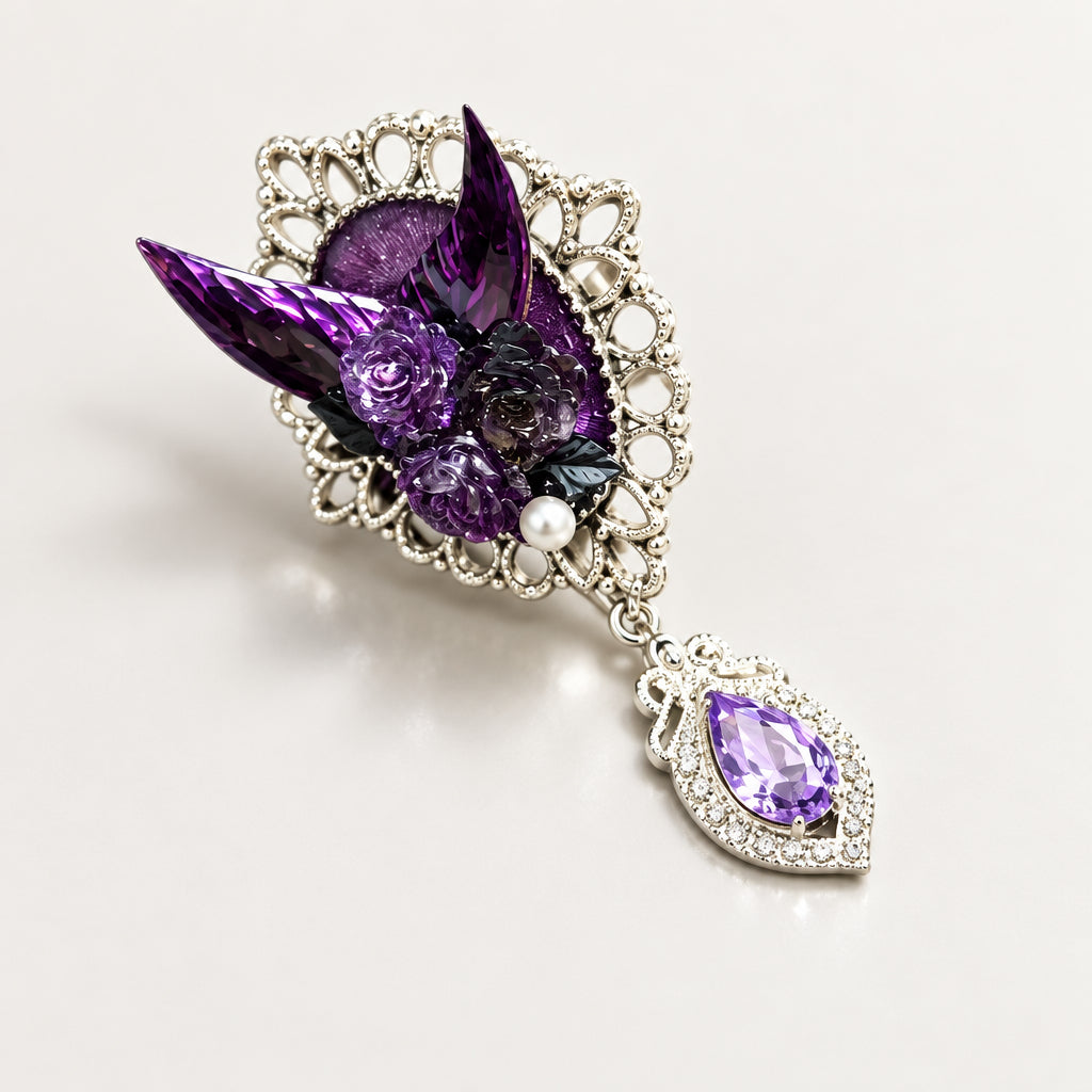 Gothic Purple Rose Demon Horn Adjustable Statement Ring, Vintage Silver Filigree Frame, Teardrop Purple Crystal Pendant, Dark Baroque Floral Occult Ring
