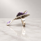 Gothic Purple Rose Demon Horn Adjustable Statement Ring, Vintage Silver Filigree Frame, Teardrop Purple Crystal Pendant, Dark Baroque Floral Occult Ring