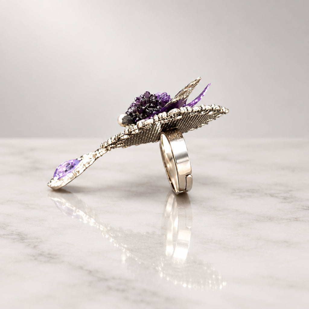 Gothic Purple Rose Demon Horn Adjustable Statement Ring, Vintage Silver Filigree Frame, Teardrop Purple Crystal Pendant, Dark Baroque Floral Occult Ring