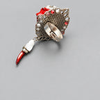 Gothic Cthulhu Demon Eye Adjustable Statement Ring, Red Tentacle Texture, Green Dragon Eye, Hanging Blood Red Claw Pendant, Cosmic Horror Macabre Ring