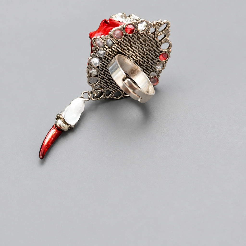 Gothic Cthulhu Demon Eye Adjustable Statement Ring, Red Tentacle Texture, Green Dragon Eye, Hanging Blood Red Claw Pendant, Cosmic Horror Macabre Ring
