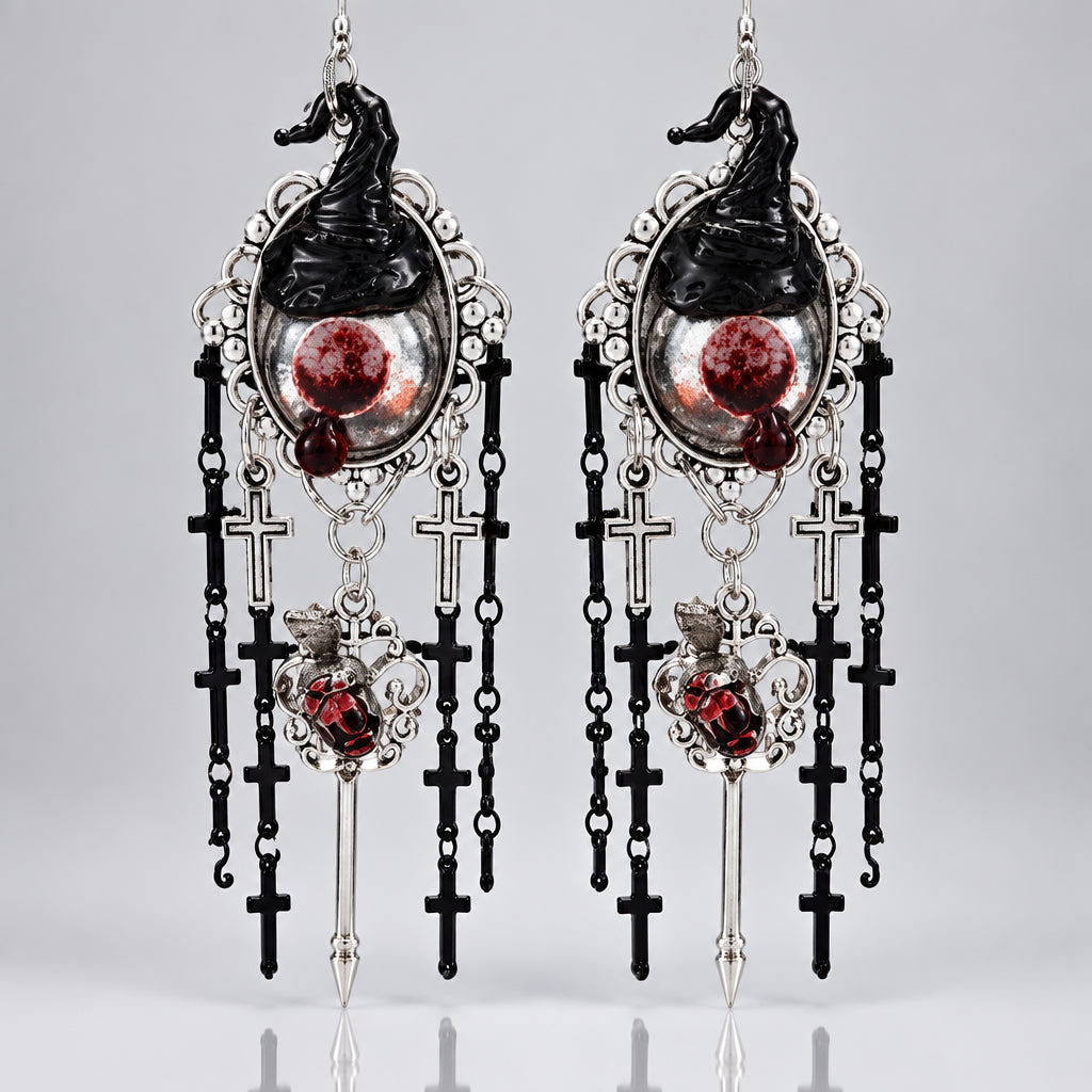Gothic Witch Hat Eyeball Dangle Earrings, Rabbit Skull Key, Cross Tassel Chains, Bloody Red Resin Detail, Dark Occult Horror Statement Earrings