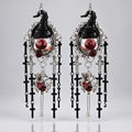 Gothic Witch Hat Eyeball Dangle Earrings, Rabbit Skull Key, Cross Tassel Chains, Bloody Red Resin Detail, Dark Occult Horror Statement Earrings