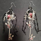 Gothic Witch Hat Eyeball Dangle Earrings, Rabbit Skull Key, Cross Tassel Chains, Bloody Red Resin Detail, Dark Occult Horror Statement Earrings