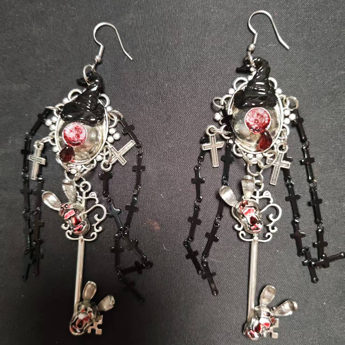 Gothic Witch Hat Eyeball Dangle Earrings, Rabbit Skull Key, Cross Tassel Chains, Bloody Red Resin Detail, Dark Occult Horror Statement Earrings