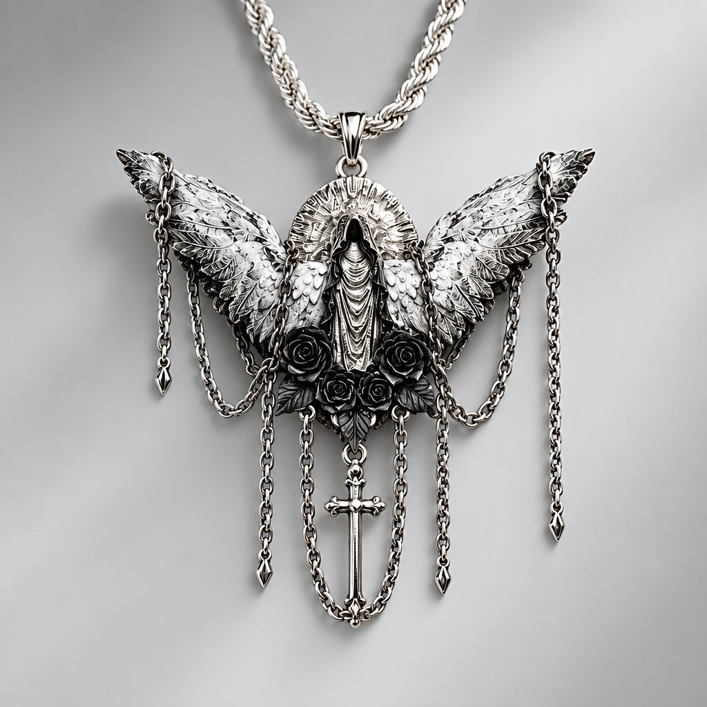 Gothic Winged Virgin Mary Pendant Necklace, Black Roses, Cross & Multi Tassel Chains, Dark Religious Baroque Statement Necklace