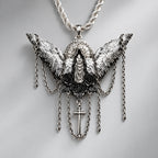 Gothic Winged Virgin Mary Pendant Necklace, Black Roses, Cross & Multi Tassel Chains, Dark Religious Baroque Statement Necklace