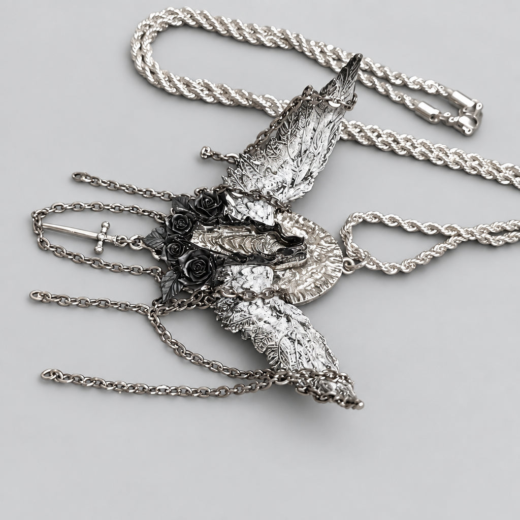 Gothic Winged Virgin Mary Pendant Necklace, Black Roses, Cross & Multi Tassel Chains, Dark Religious Baroque Statement Necklace