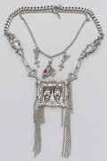 Gothic Multi Layer Silver Statement Necklace, Framed Crowned Twin Skulls Pendant, Harp & Cross Charms, Angel Ornaments, Long Tassel Chains, Dark Baroque Layered Neck Stack