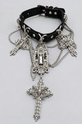 Gothic Black Leather Choker, Multi Layer Draped Chains, Gothic Cathedral Pendant, Skull Ornate Cross Charms, Baroque Dark Statement Collar
