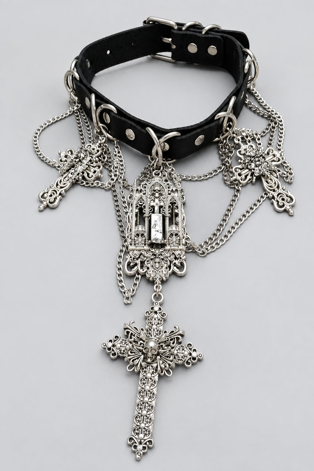 Gothic Black Leather Choker, Multi Layer Draped Chains, Gothic Cathedral Pendant, Skull Ornate Cross Charms, Baroque Dark Statement Collar