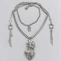 Gothic Multi Layer Silver Statement Necklace, Antique Goddess Portrait Pendant, Harp Charm, Cross & Cathedral Frame Tassel Chains, Dark Baroque Layered Neck Stack