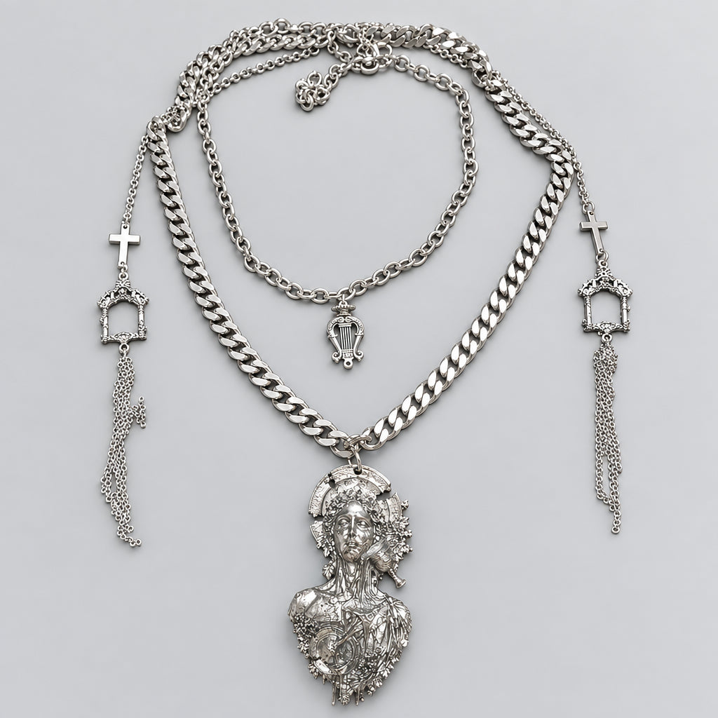 Gothic Multi Layer Silver Statement Necklace, Antique Goddess Portrait Pendant, Harp Charm, Cross & Cathedral Frame Tassel Chains, Dark Baroque Layered Neck Stack