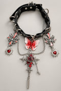 Gothic Black Leather Choker, Red Gradient Butterfly, Ornate Red Cross, Sacred Heart & Red Rose Spiked Cross Pendant, Punk Layered Chain Statement Collar