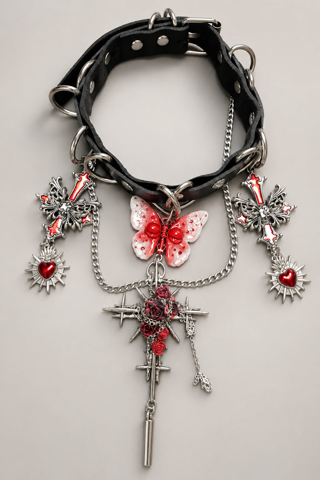 Gothic Black Leather Choker, Red Gradient Butterfly, Ornate Red Cross, Sacred Heart & Red Rose Spiked Cross Pendant, Punk Layered Chain Statement Collar