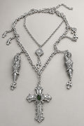 Gothic Multi Layer Silver Statement Necklace, Ornate Baroque Cross with Green Gemstone, Goddess Figurine Charms, Vintage Cross Pendants, Dark Religious Layered Neck Stack