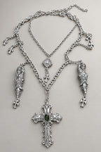 Gothic Multi Layer Silver Statement Necklace, Ornate Baroque Cross with Green Gemstone, Goddess Figurine Charms, Vintage Cross Pendants, Dark Religious Layered Neck Stack