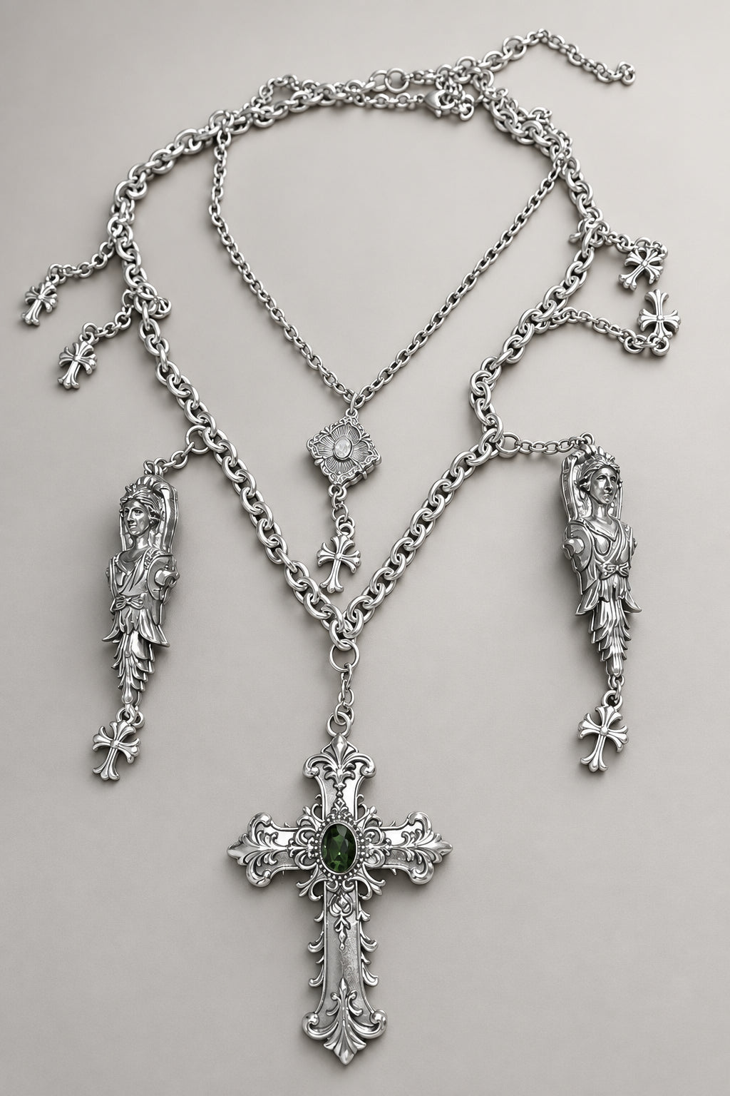 Gothic Multi Layer Silver Statement Necklace, Ornate Baroque Cross with Green Gemstone, Goddess Figurine Charms, Vintage Cross Pendants, Dark Religious Layered Neck Stack