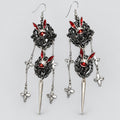 Gothic Dangle Drop Earrings, Dark Wonderland Rabbit Head with Red Crystal Eyes, Black Rose & Spiked Tassel Chains, Victorian Punk Long Earrings