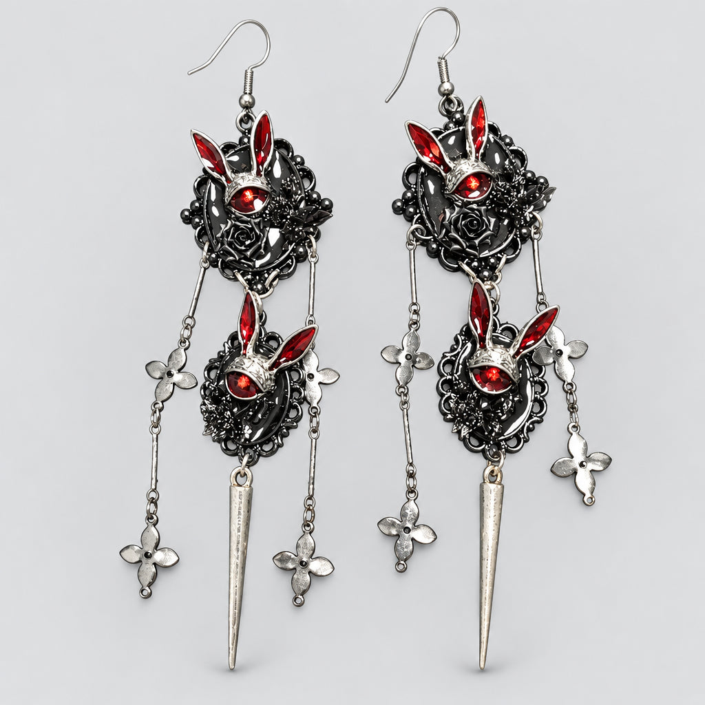 Gothic Dangle Drop Earrings, Dark Wonderland Rabbit Head with Red Crystal Eyes, Black Rose & Spiked Tassel Chains, Victorian Punk Long Earrings