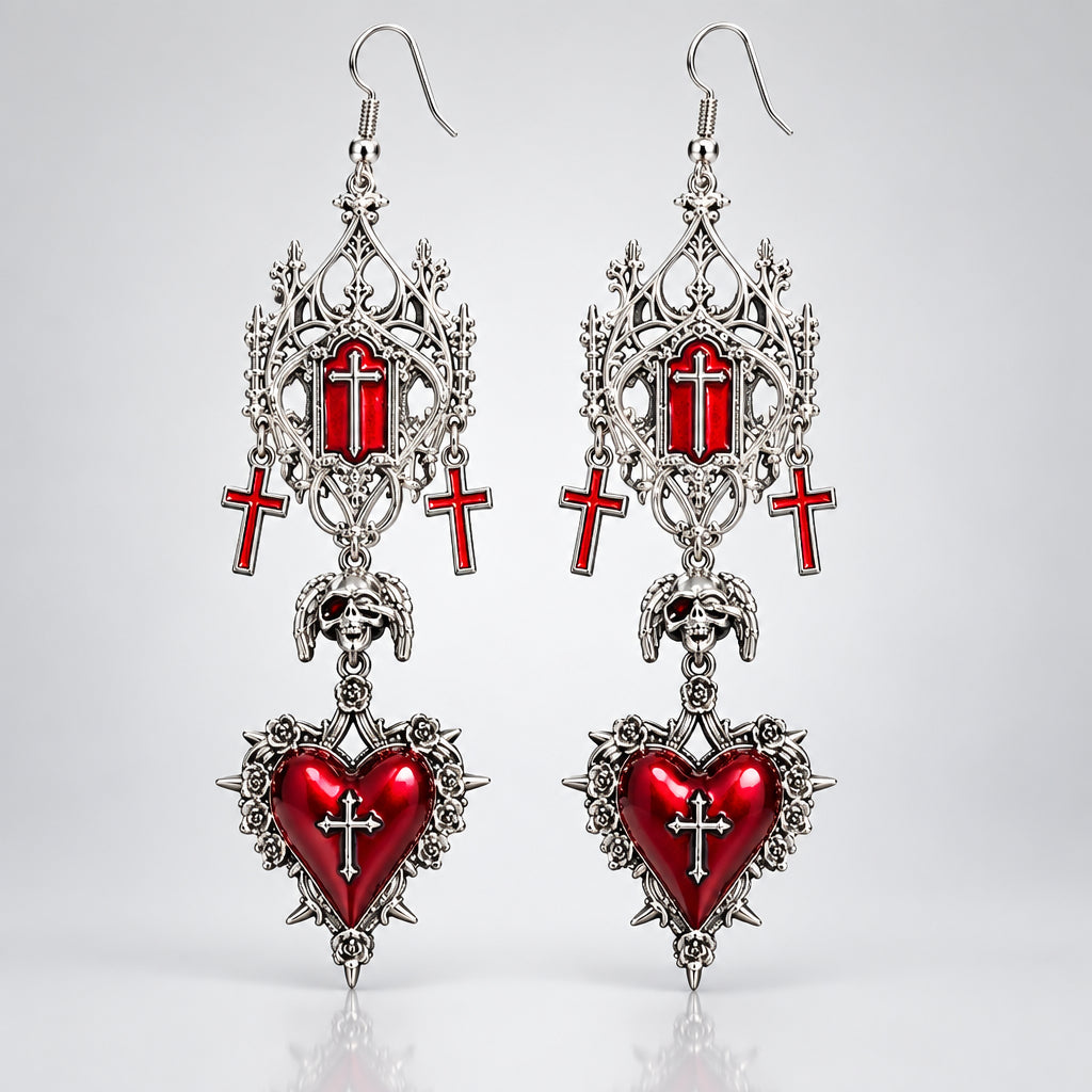 Gothic Long Dangle Earrings, Red Sacred Heart with Spikes, Gothic Cross & Winged Skull, Ornate Filigree Cathedral Frame, Dark Romantic Victorian Earrings