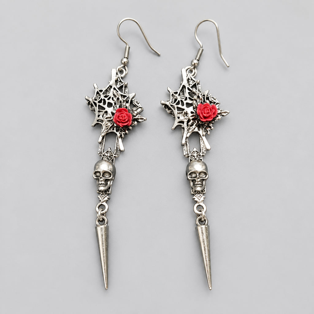 Gothic Silver Dangle Earrings, Spider Web with Red Rose, Skull Charm & Spike Tassel, Dark Punk Drop Earrings