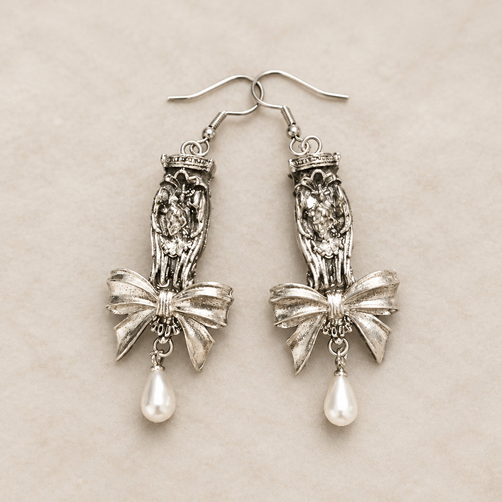 Gothic Silver Drop Earrings, Angel Wing Sacred Heart Charms, Vintage Bow & Teardrop Pearl, Dark Victorian Dangle Earrings