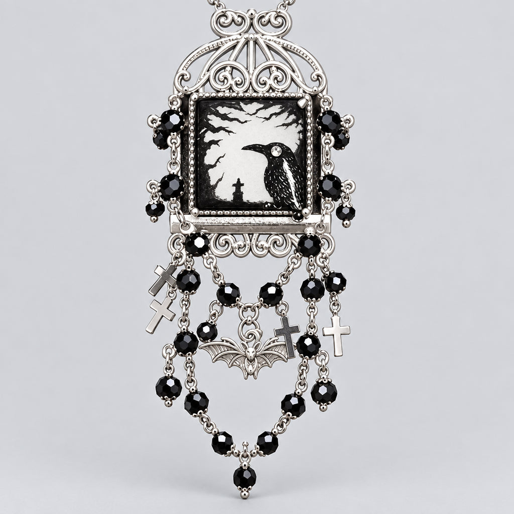 Gothic Silver Statement Brooch, Raven Cemetery Portrait Pendant Brooch, Black Crystal Beads, Bat & Cross Charms, Ornate Filigree Frame, Dark Goth Vintage Brooch